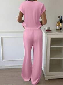 CovetEZ Women's Pink Knit Short Sleeve Top And Pants Loungewear Set - Pink - View 3