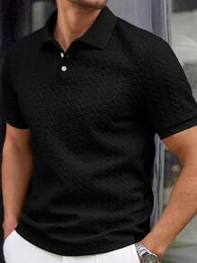 Manfinity Bizformal 男式米色条纹心形纹理休闲 Polo 衫 - 黑色 - 查看 2