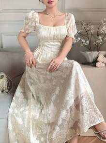 DAZY 女士全印花圆领侧开衩褶皱长连衣裙 - 粉色 - 查看 4