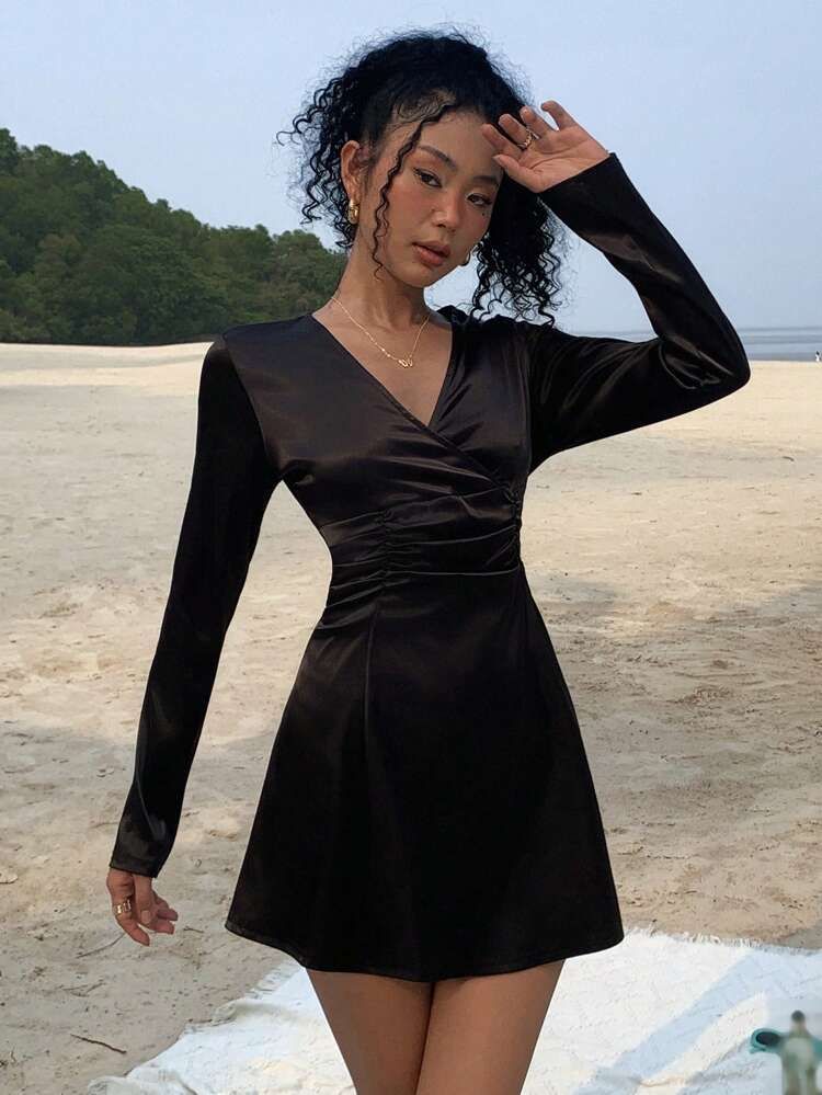 Women's V-Neck Short Waisted Long Sleeve A-Line Dress,Fall Dress