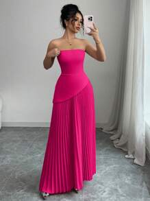 Elenzga 女士纯色抹胸褶腰优雅度假和办公室无袖连衣裙 - 玫紅色 - 查看 4