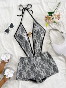 Soleia 度假风白色蕾丝和黑色深 V 系带后背镂空低腰吊带连体裤 - 黑與白 - 查看 1