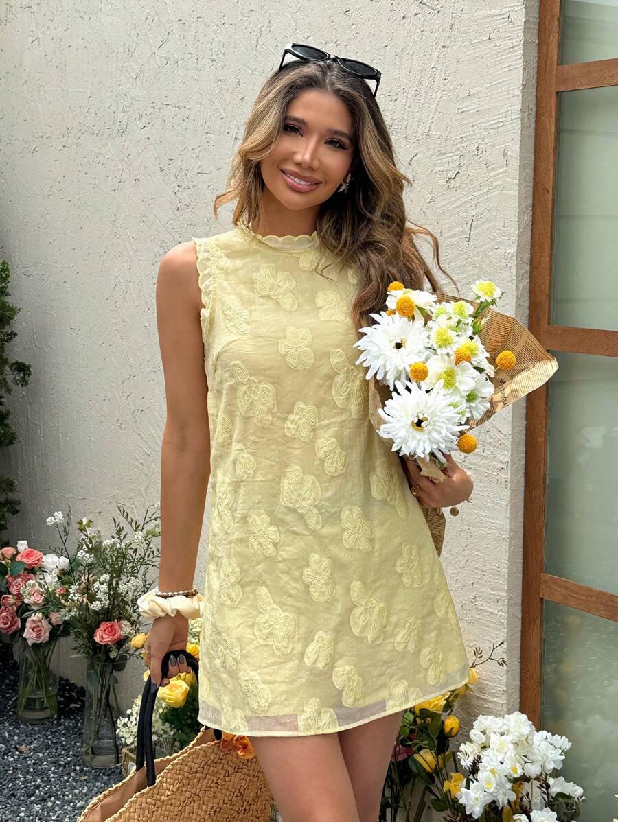 SHEIN LUNE Butter Yellow Romantic Yellow Sleeveless Mini Dress For Women, Suitable For Vacation, Date, Casual Daily Wear, Spring/Summer Vacation Outfits Woman  Birthday Dresses For Women Business Casual Woman Vacation Dress