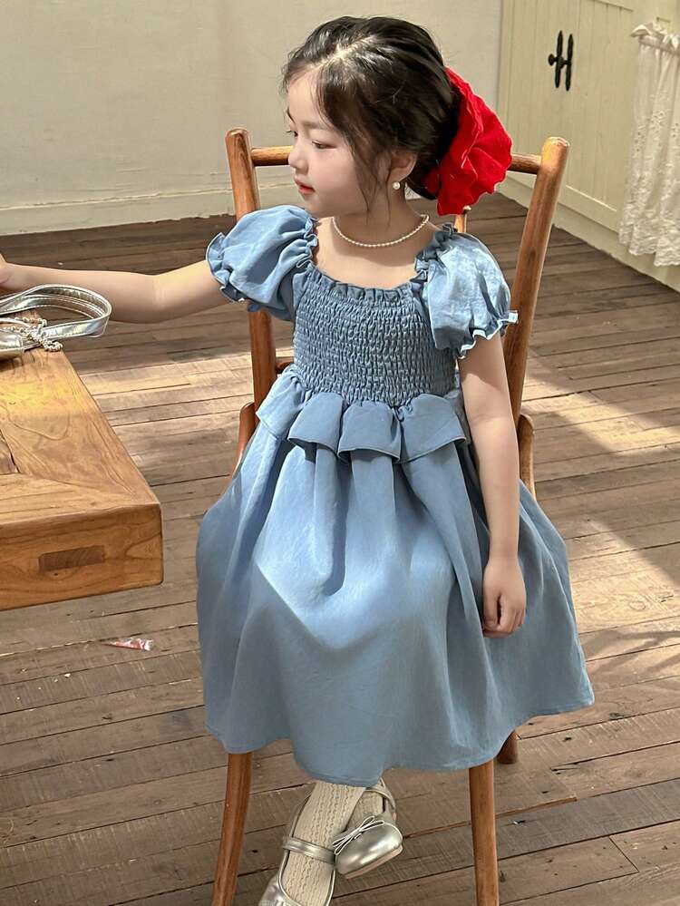 Young Girl Ruffled Bubble Short Sleeve Dress For Girls, Summer