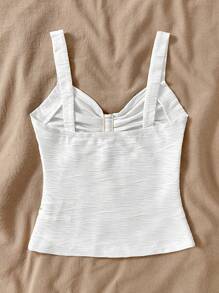 SHEIN LUNE Soleia 度假露背 V 领花卉金属扣白色针织纹理修身背心，适合度假、音乐节、波西米亚风格、节日、约会、下午茶