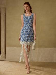 MOTF STUDIO 撞色蕾丝刺绣连衣裙 - 藍色 - 查看 6