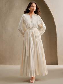 Anewsta Elaire Women's Elegant Crew Neck Ruched Waist Lantern Sleeve Dress With Tiered Ruffle Hem Design, Vintage Style - Apricot - View 3