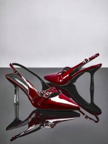 SHUZIA 女士尖头高跟鞋，优雅漆皮仿皮时尚后带扣鞋 - 酒紅色 - 查看 5