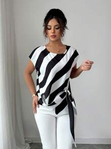 Franclia Women's Striped Commuter Elegant Short Sleeve Blouse - Black - View 5