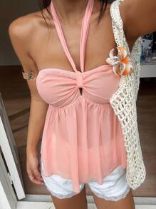 SHEIN PETITE Parte superior de tirante con volantes, bajo con volantes y nudo en el cuello de tela con textura de pliegues. Elegante, romántico y lindo atuendo casual para mujeres de talla pequeña, apropiado para la playa y las vacaciones