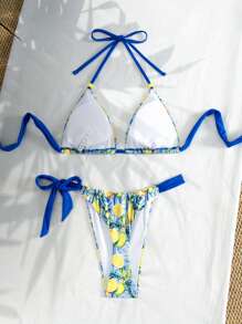 Swim Mod Set de 2 piezas de top corto sin espalda con estampado aleatorio colorido y bikini de lado atado en triángulo - Conjunto de traje de baño y ropa de playa de verano para mujer