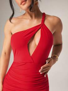 Silquee 女士性感纯色镂空单肩露背褶饰修身中长连衣裙，夏季 - 紅色 - 查看 10