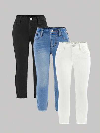 SHEIN 3件套少女休闲百搭简约修身牛仔裤，适合秋冬季学校、校园、学院风穿着。