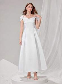 Poshira Women's Sequin Heart Neck Luxurious Satin Ball Gown Party Dress Luxurious Women's Evening Dresses Soft Dress White Prom Dress - White - View 8