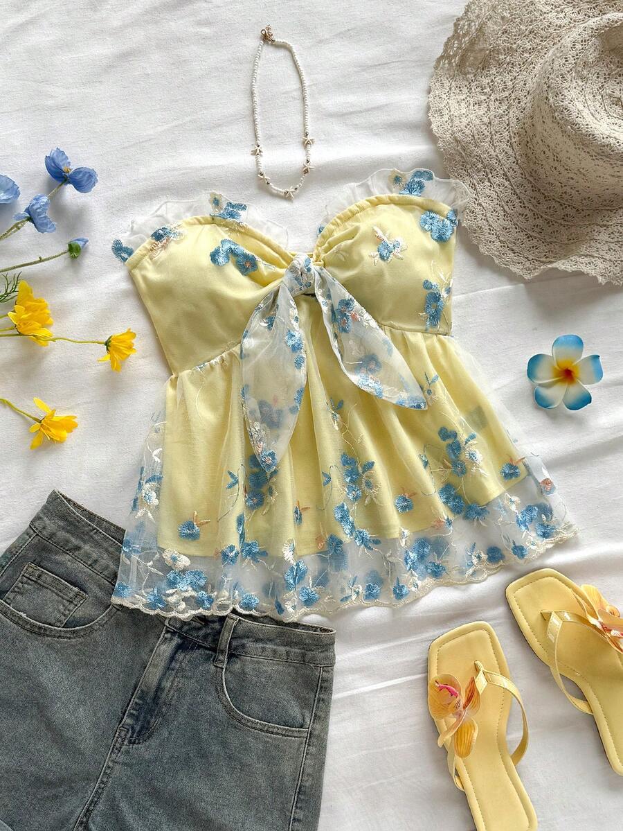 Soleia 女士度假风花卉刺绣透视前系结时尚上衣，黄色娃娃衫，夏日可爱上衣 - 彩色 - 查看 1