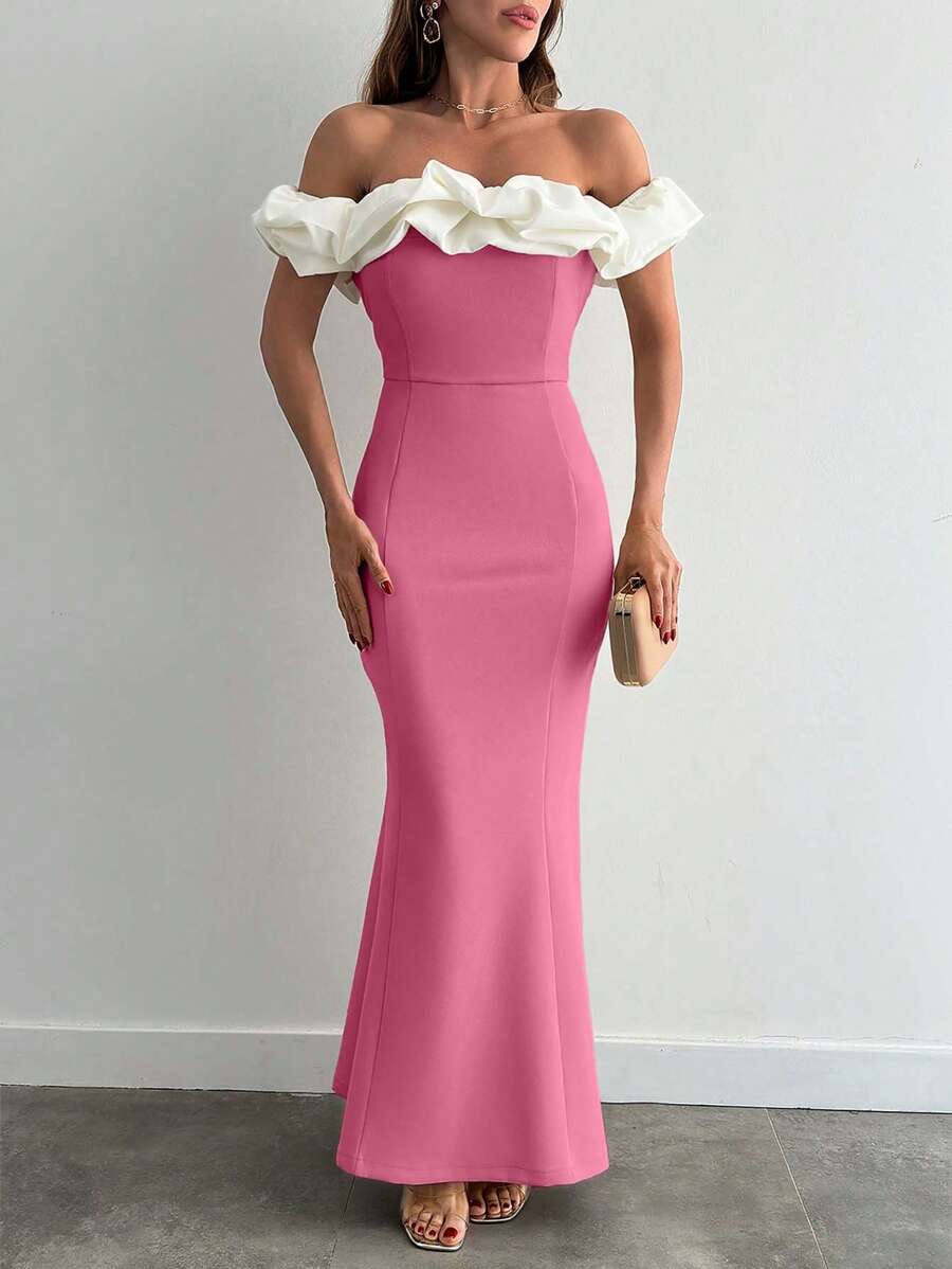 EURMUSE Two Tones Off Shoulder Ruffle Trim Bodycon Dress, Elegant Dress - Dusty Pink - View 1