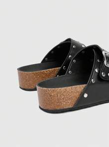 ROMWE Grunge Punk Women's Black Roman Beach Sandals, Summer Open Toe Buckle Strap Vacation Flat Slide Slippers