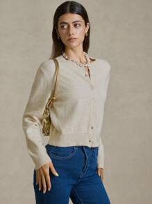 Áo khoác cardigan dài tay hở trước màu trơn cho nữ, thời trang cho kỳ nghỉ hè Áo len dành cho nữ Quần áo mùa hè bằng len dành cho nữ Ngày 4 tháng 7 vào mùa thu/đông - Màu be - Xem 4
