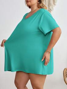 SHEIN CURVE+ 大码纯色休闲短袖T恤，夏季/乡村/海滩度假/沙滩装 - 水鴨藍 - 查看 7