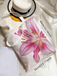 ROMWE Kawaii Versatile Commuter & Travel Canvas Tote Bag With Double-Sided Large Flower Pattern, Pink , Beach - Multicolor - View 4