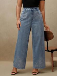 Anewsta Jeans droits amples simples avec ornements de strass, grande taille femme - Bleu azur - Voir 5