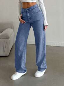 EURMUSE Snow Wash Straight Leg Jeans High Rise ,Petite Women - Medium Wash - View 4
