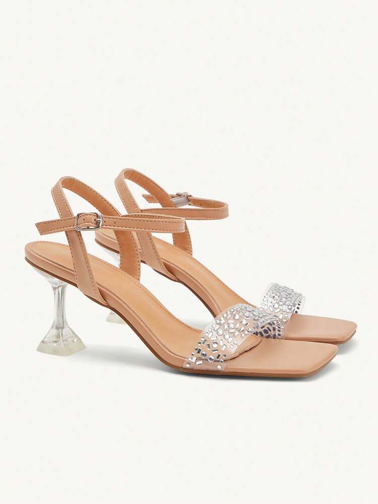 CUCCOO CHICEST Women's Pointed Toe Ankle Strap Glass Crystal Embellished Apricot High Heel Sandals, Transparent Party Dress Heeled Shoes