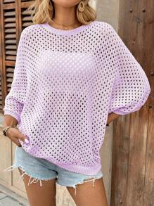 Breezaya Áo len dệt kim cổ tròn hở vai tay cánh dơi rộng rãi thoải mái cho nữ, màu mơ, mùa xuân/thu - Màu tím hoa cà - Xem 5