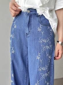 FRIFUL 女士花卉刺绣口袋阔腿宽松休闲牛仔裤女士牛仔裤高腰女士夏季服装女士衣服女士夏季衬衫女士下装 - 藍色 - 查看 4
