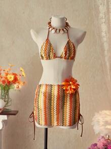 SHEIN Swim 女士对比色条纹比基尼泳装套装，度假和海滩 - 彩色 - 查看 1