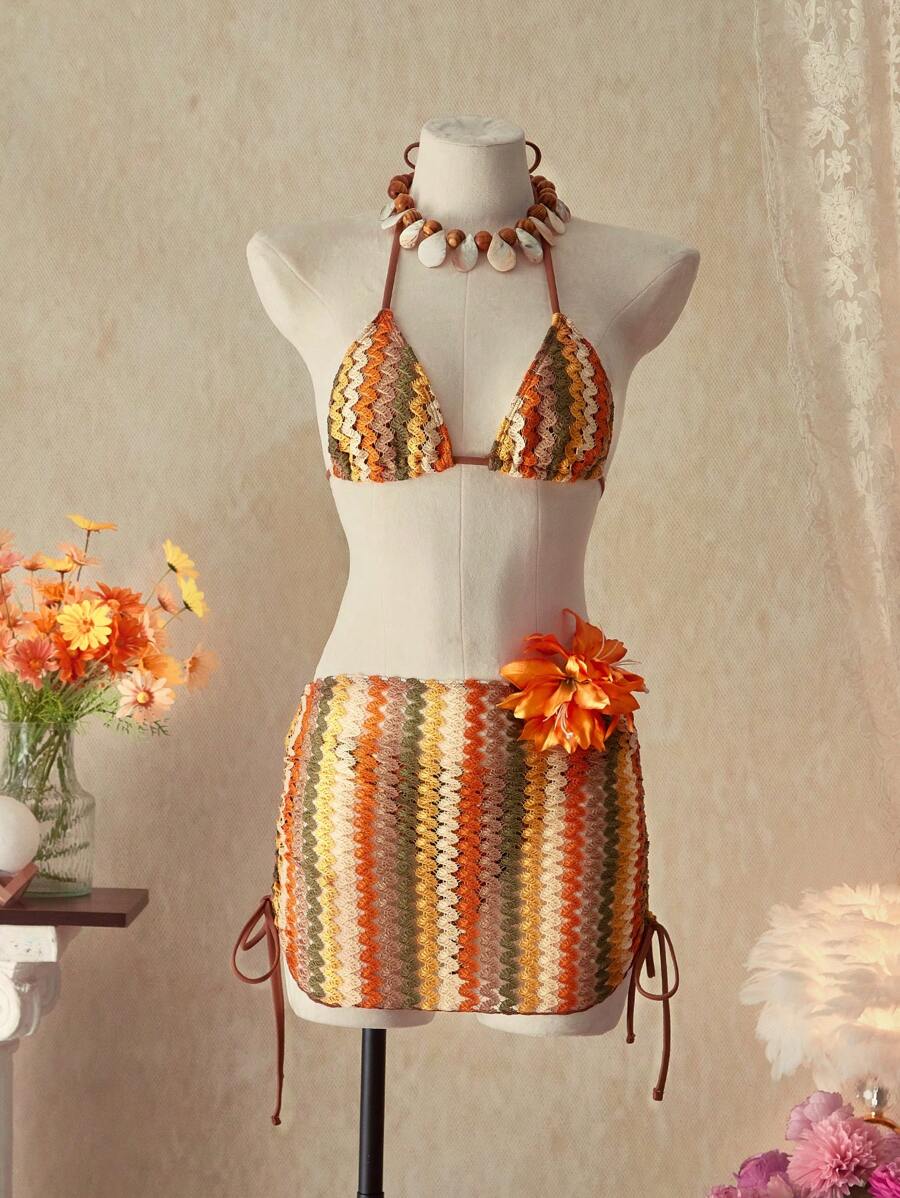 SHEIN Swim 女士对比色条纹比基尼泳装套装,度假和海滩 - 彩色 - 查看 1