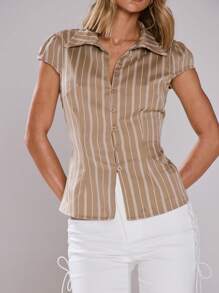 MUSERA Áo sơ mi tay ngắn ôm dáng, cổ bẻ, thắt eo, họa tiết kẻ sọc, thích hợp cho mùa xuân hè, đi nghỉ mát, mặc hàng ngày hoặc phong cách thanh lịch, phù hợp cho kỳ nghỉ. - màu nâu - Xem 5