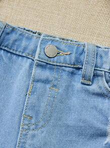 SHEIN Young Girl Vacation Casual Washed Distressed Denim Shorts - Light Wash - View 4