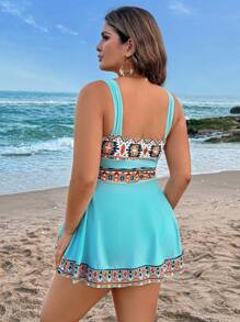 Swim Lushoire 大码女式两件套花卉复古印花拼接时尚泳装，高腰可调节肩带比基尼上衣和下装套装，修身显瘦，适合休闲/沙滩装 - 彩色 - 查看 2