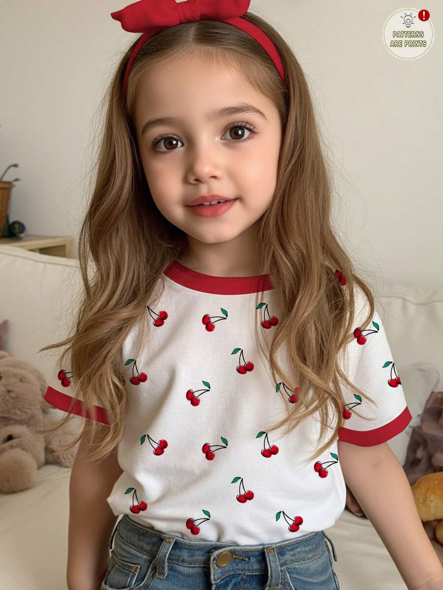 SHEIN かわいいチェリー柄レトロスタイルパッチワーク ラウンドネック 半袖Tシャツ、カジュアルでキュートな夏の女の子向けトップス - マルチカラー - チェックする 1