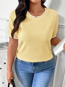 SHEIN Frenchy Plus Size Women's Simple Casual Colorblock Trim Knit Sweater, New Spring Collection, Khaki - Yellow - View 3