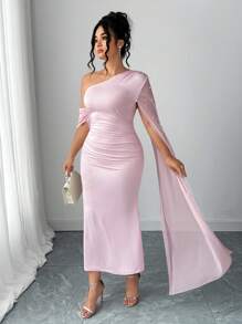 Elenzga Abito da donna in stile moda con inserto in rete, decorato con perle, abito che scolpisce la vita