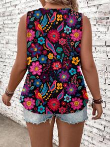 SHEIN LUNE Plus Size Tropical Floral & Parrot Print Vibrant Color Tank Top & Camisole, Suitable For Spring Summer Vacation, Great For Mother's Day