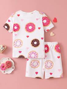 2pcs/Set Girls Casual White Sweet Donut Graphic Print Shorts & Fitted Home Shorts, Summer Outfit - White - View 2