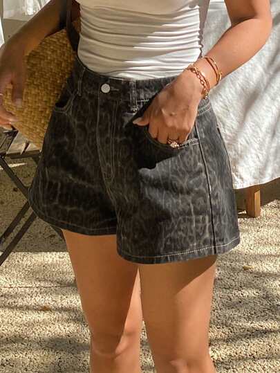 DAZY Women Leopard Print Loose Casual Denim Shorts, Summer