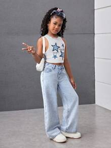 Tween Girls Y2K Fashion Light Washed Baggy Denim Straight Leg Jeans Pants With Cute Pocket Bowknot Print Decorated Pockets,Girls Summer Beach Boho Vacation Shorts, Summer Concert Festival Casual Rave Outfits, Girls Summer Brunch Church Graduation Outfits - Light Wash - View 6