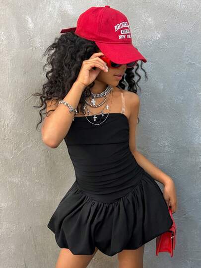 Coolane Kids 婴儿洗礼裙 女童春夏时尚纯色黑色露肩泡泡袖迷你连衣裙