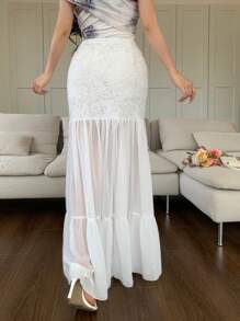 Modelyn Falda plisada de línea A de chifón con parches de tela texturizada para mujeres - Blanco - Ver 2