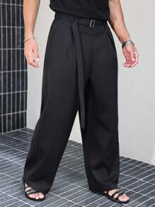 Manfinity Roghcode 男士黑色高腰褶皱阔腿裤，秋季 - 黑色 - 查看 7