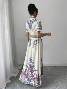 Chiquease Print Puff Sleeve Waisted Mini Dress - Apricot - View 2