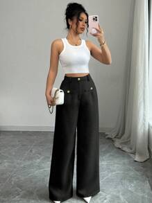 SHEIN PETITE 纹理编织搭配金属扣装饰百搭直筒裤，适合工作和通勤 - 黑色 - 查看 6