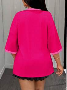 Slaydiva Áo thun tay ngắn cổ chữ V dáng rộng thoải mái thường ngày dành cho nữ ngoại cỡ, màu hồng - Màu Hồng Tươi - Xem 2