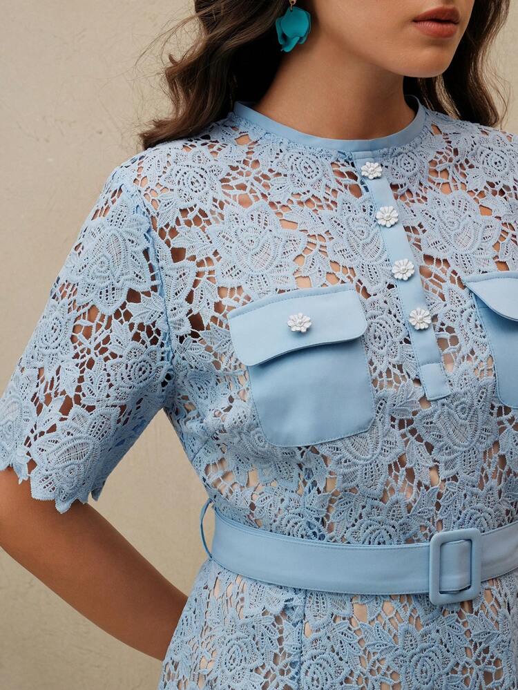 Women Elegant Blue Floral Lace Trim Vintage Style Mini Dress, Suitable For Summer, Festival, Elegant, Holiday, Vacation, Casual, Classy, Beach
