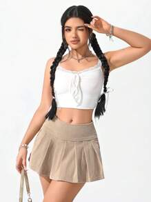SHEIN EZwear 女士纯色褶皱休闲短裙，夏季时尚 - 卡其色 - 查看 4
