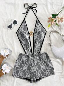 Soleia 度假风白色蕾丝和黑色深 V 系带后背镂空低腰吊带连体裤 - 黑與白 - 查看 6